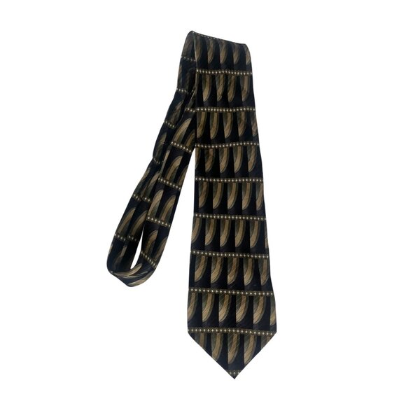 J Ferrar Mens Silk Tie Blue Tan Green Geometric Print - Picture 1 of 4